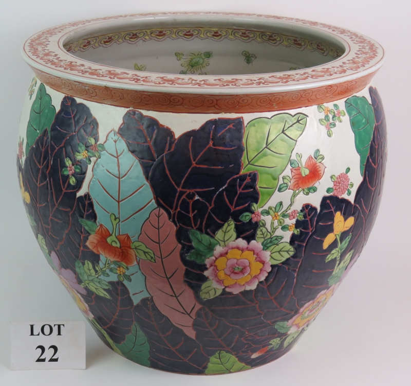 A very large Chinese porcelain fish bowl, internally decorated with goldfish and externally with