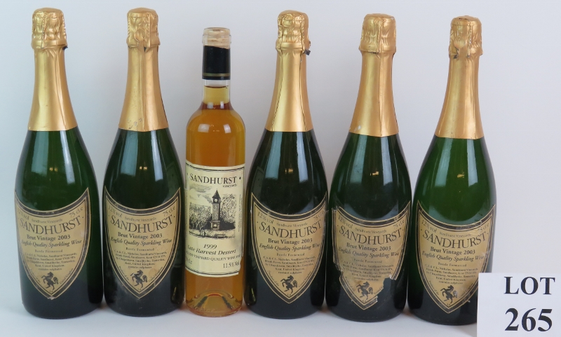 Five bottles of Sandhurst Vineyards Brut Vintage 2003 English sparkling wine 75cl and one bottle