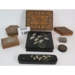 Six various Damascus Ware inlaid wooden boxes, a small Russian lacquer pill box and two decoupage