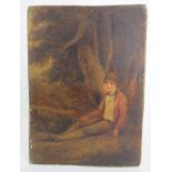 British School (19th Century) - 'Boy Sitting in the Woods', oil on board, 25cm x 18cm, unframed.