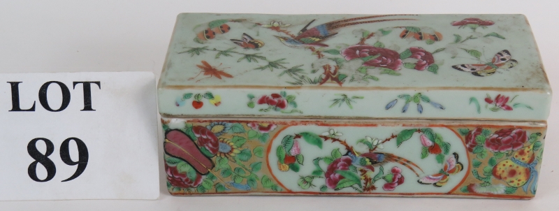 A 19th Century Canton Chinese porcelain pen box and cover decorated in the famille rose style with