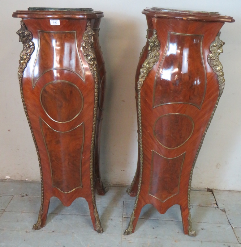A near pair of antique gilt metal mounted mahogany & burr walnut marble topped torcheres,