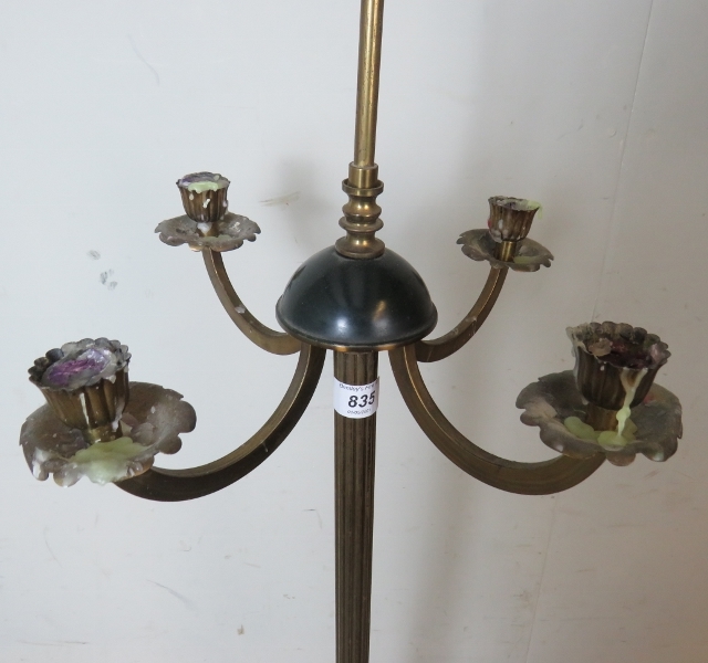 A 19th century brass floor standing four branch candelabra, with a fluted column terminating on a - Image 2 of 3