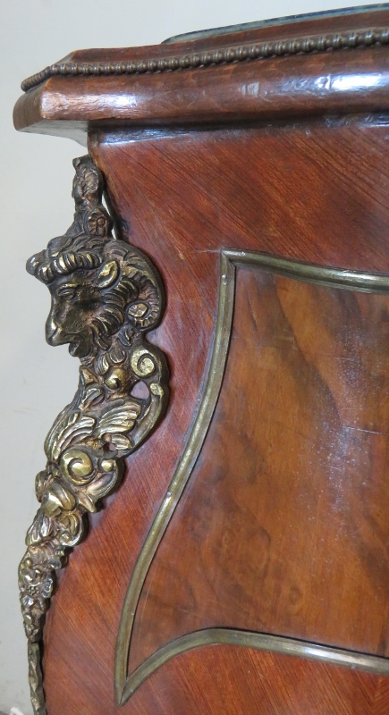 A near pair of antique gilt metal mounted mahogany & burr walnut marble topped torcheres, - Image 3 of 4