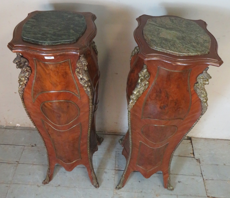 A near pair of antique gilt metal mounted mahogany & burr walnut marble topped torcheres, - Image 2 of 4