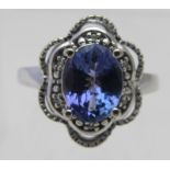 AAA Grade oval brilliant cut tanzanite and diamond 9ct white gold ring. 2cts approx, size O, overall