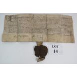 An Elizabethan document hand written on vellum and bearing the wax Great Seal of Queen Elizabeth