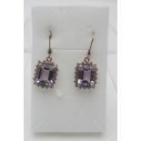 Rose de France octagon step cut amethyst earrings. 15 x 12mm portrait setting, lever back, 14 rose