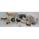 A collection of seven Beswick pottery animals, a Wedgwood bone china clock, Copeland gilt