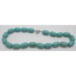 Turquoise howlite gemstone necklace, large 18mm barrel beads, individually knotted, 18" length,