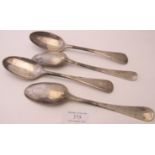 A set of 4 George II table spoons, London 1739, makers Gabriel Sleath, most hallmarks are worn.