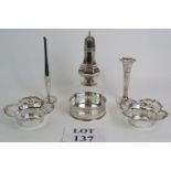 Six pieces of silver plated table ware including a WMF bud vase, wine coaster, pair of bon bon