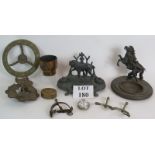 A figural Spelter ink well desk stand with horse, three spurs, a heavy cast brass doorknocker, a Big