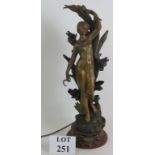 A French patinated Spelter figural lamp in the form of Summer, L'ete mounted on a marble effect