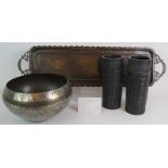A long Indo Persian decorated bronze tray, a silvered Benares style brass bowl and a near pair of
