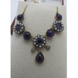 A 9ct yellow gold and silver vintage style amethyst, pearl and diamond necklace. Cabochon and