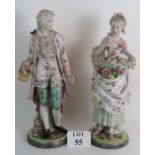 A large pair of hand decorated Continental porcelain figures in 18th Century dress, tallest 56cm. No