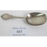A Victorian silver caddy spoon with engraved decoration, Birmingham 1867, George Unite. Condition