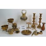 A selection of mixed brassware including an Indo-Persian inlaid pot, pair of 19th Century