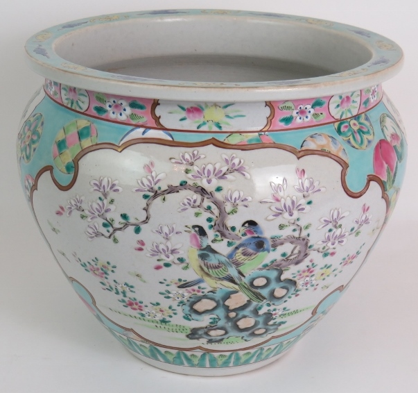 An antique Chinese porcelain Jardinière decorated in the Canton style on a light blue ground. Signed - Image 2 of 4