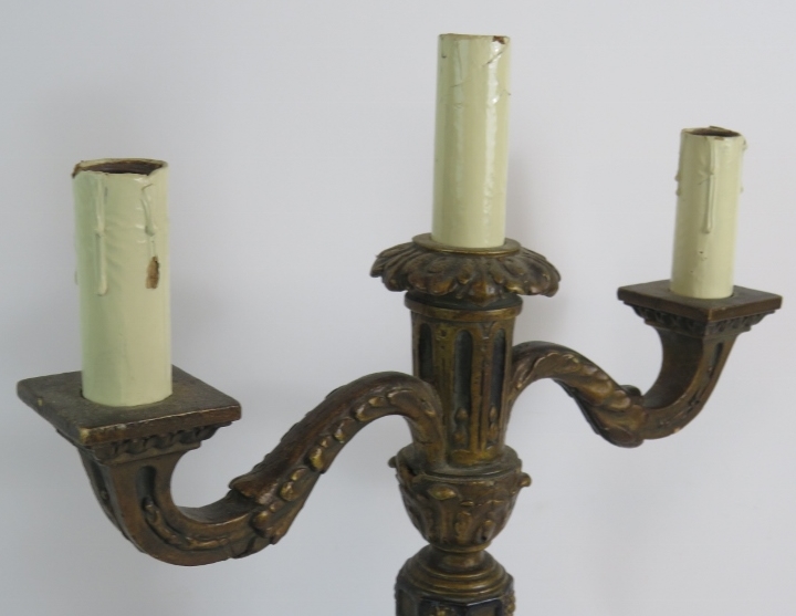 An early 20th Century Gothic style carved wood and gilded gesso three branch electric candelabra - Image 3 of 4