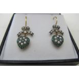 A pair of 9ct yellow gold and silver drop earrings set with emeralds, seed pearls and diamonds.