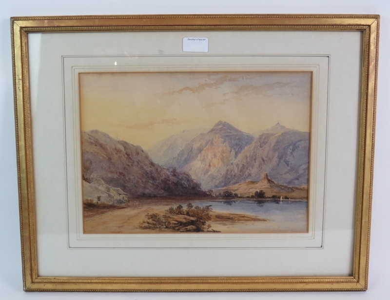 British School (19th century) - 'Mountainous lake scene', watercolour, 26 cm x 37 cm, gilt frame.