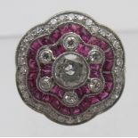 A large Victorian style floral design ruby and diamond cluster ring, diamonds 1.75ct approx and