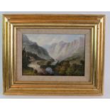 British School - 'Mountainous riverside walkway with figures', oil on card, 15cm x 22cm, gilt frame.