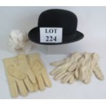 A vintage Hepworth's bowler hat, a pair of unused Dent's doe skin gloves, cotton gloves and three