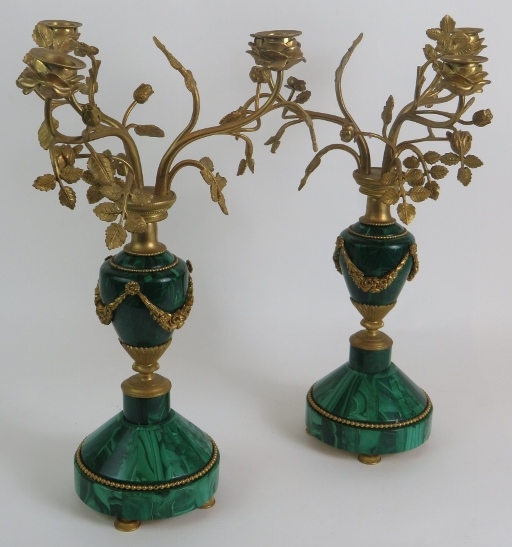 A pair of antique French Malachite bronze Ormulu mounted candelabra each with rose form three branch - Image 2 of 10