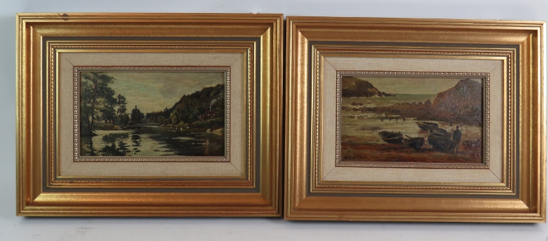 Walter Goldsmith (1860-c.1930's) - 'Beach Scene' and 'River Landscape', a pair, oils on boards, both