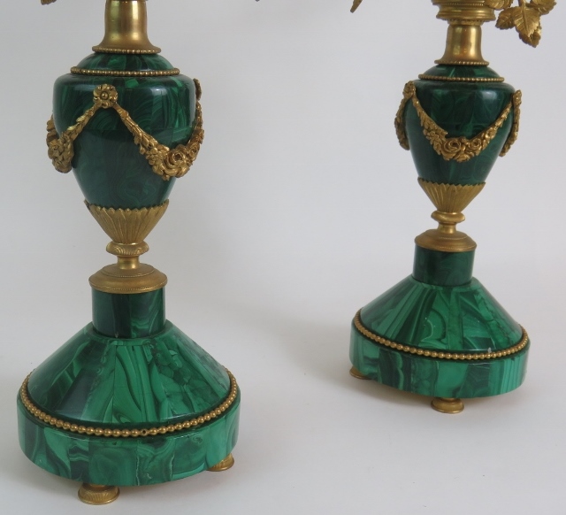 A pair of antique French Malachite bronze Ormulu mounted candelabra each with rose form three branch - Image 3 of 10