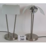 A pair of futuristic brushed steel and glass table lamps, Endon model 2001/TL with integral dimmer