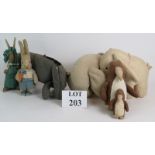 Seven vintage handmade soft toys including Eeyore, Peter Rabbit and Babar the Elephant, Circa 1930s.