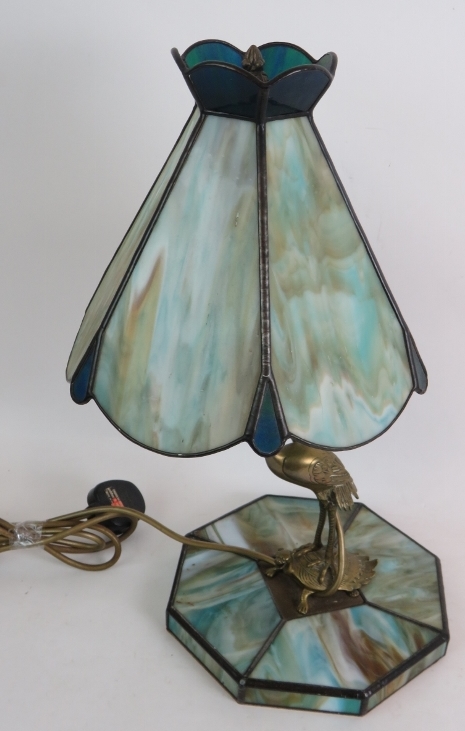 A decorative Chinese inspired stained glass lamp with support formed of a stork with a frog in its - Image 3 of 3