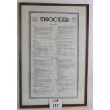 A framed set of vintage world snooker rules dated 1st December 1983, 79cm x 53cm. Condition