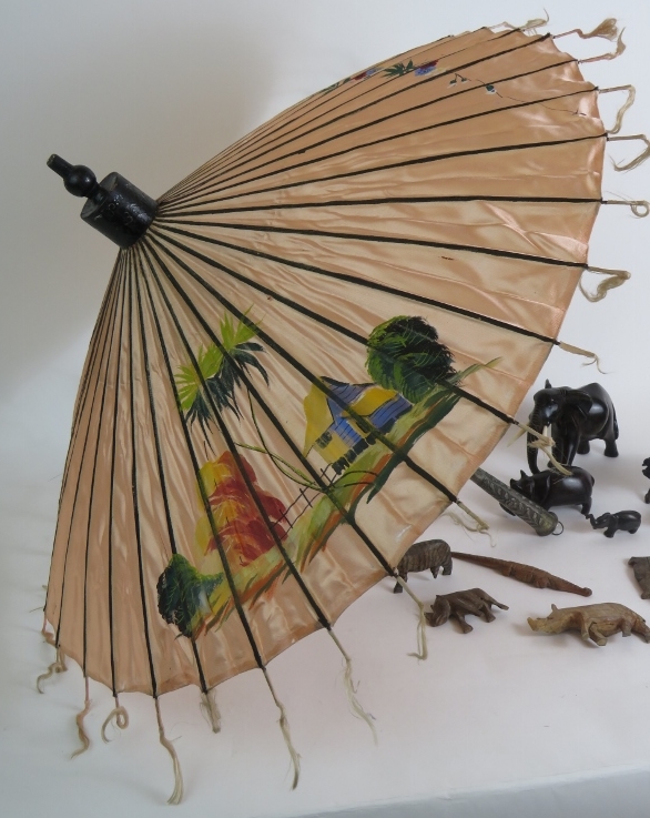 A vintage Far Eastern hand decorated silk parasol with white metal handle and a quantity of hand - Image 2 of 4