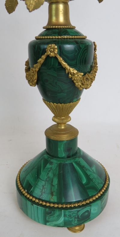 A pair of antique French Malachite bronze Ormulu mounted candelabra each with rose form three branch - Image 7 of 10