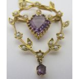 A 9ct yellow gold pendant set with centre amethyst, approx 10mm x 10mm, a small drop amethyst and