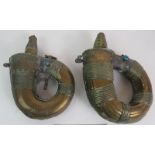 Two Eastern brass powder flasks, both turquoise decoration. Largest 17cm. (2). Condition report: Age