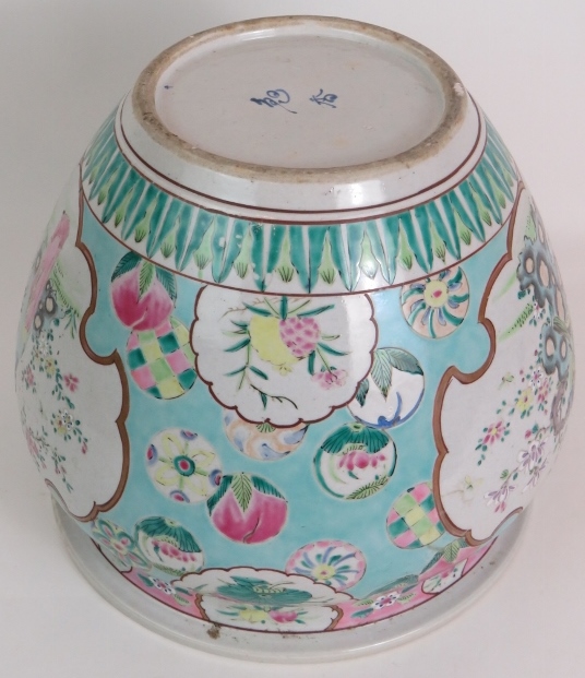 An antique Chinese porcelain Jardinière decorated in the Canton style on a light blue ground. Signed - Image 4 of 4