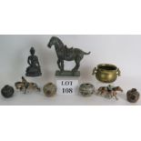 A bronze model of a Chinese tang horse, a hollow bronze Buddha, a bronze Chinese censer with six