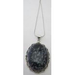 Large Artisan crafted obsidian gemstone, 70mm x 42mm pendant, decorative sterling silver mount,