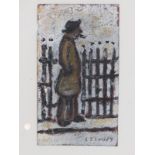 Circle of Laurence Stephen Lowry RA (1887-1976) - 'Smoking Man next to railings', small oil sketch