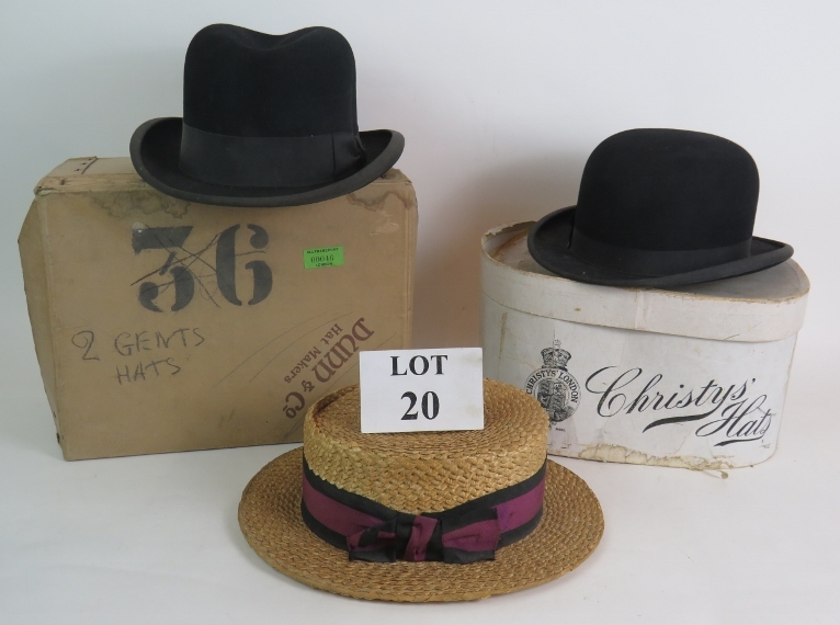 Three vintage gentleman's hats including a bowler hat, homburg and straw boater plus two vintage hat