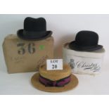Three vintage gentleman's hats including a bowler hat, homburg and straw boater plus two vintage hat