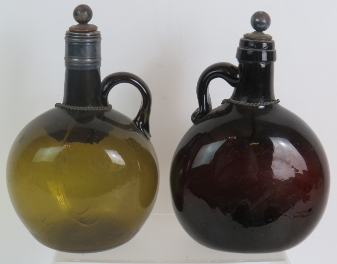 Two handblown 19th Century 'Chestnut' liqueur flasks with stoppers and labels plus five mixed 20th - Image 4 of 4