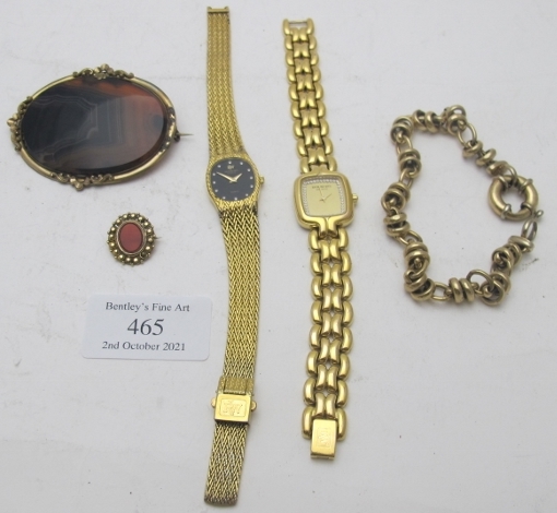 Two Raymond Weil vintage ladies wristwatches, a large oval agate brooch, a yellow metal link