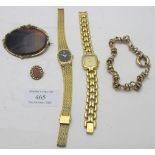 Two Raymond Weil vintage ladies wristwatches, a large oval agate brooch, a yellow metal link